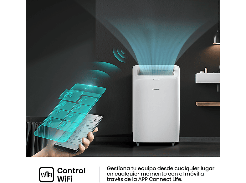 Aire acondicionado portátil - Hisense APC09QC, 2236 fg/h, 3 velocidades, Deshumidificador, Super Cool, Mando a distancia, Kit Ventana, Wi-Fi, Blanco