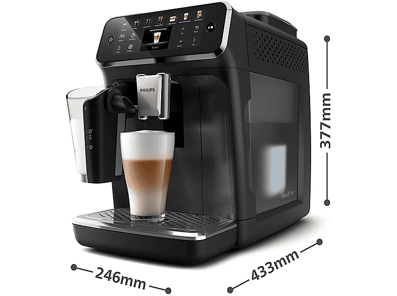 Cafetera superautomática - Philips EP4441/50, LatteGo, Silent Brew, 12 Bebidas, 15 bar, AquaClean, Molinillo Cerámico, Aroma Extract, Negro