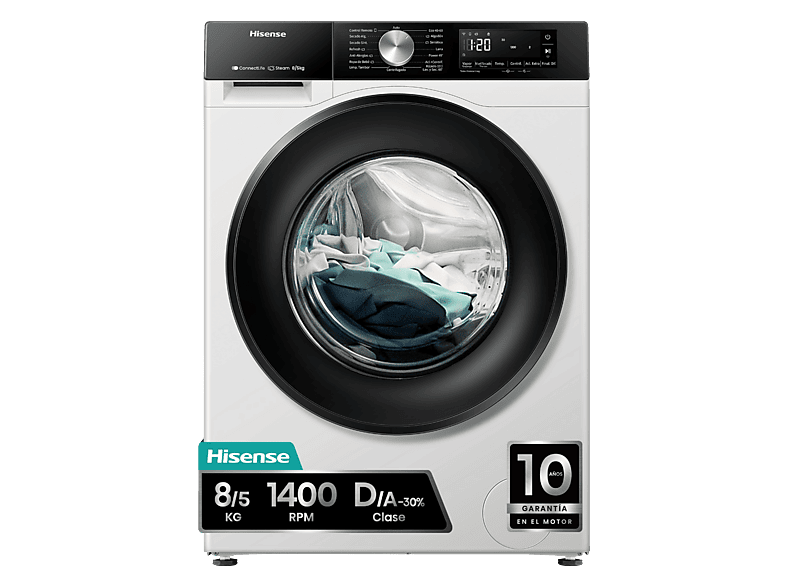 Lavadora secadora - Hisense WD3S8043BW3, 8 kg/5 kg, 1400 rpm, 16 programas. Clase A-30%, WiFi, Blanco