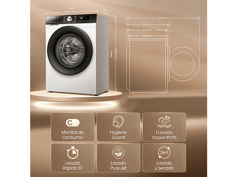 Lavadora secadora - Hisense WD3S8043BW3, 8 kg/5 kg, 1400 rpm, 16 programas. Clase A-30%, WiFi, Blanco