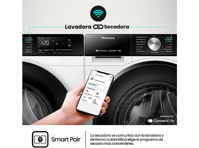 Lavadora carga frontal - Hisense WF3S9043BW3, 9 Kg, 1400 rpm, 14 programas, WiFi&Bluetooth, Clase A-30%, Blanco