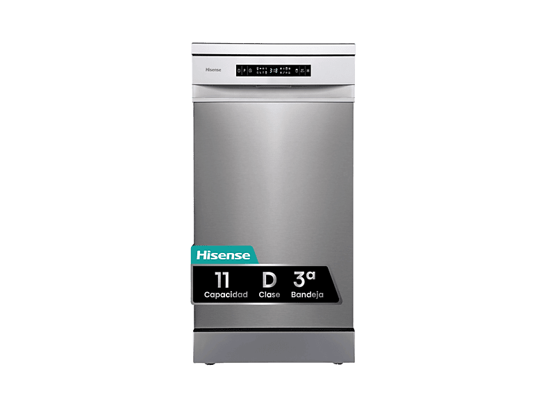 Lavavajillas - Hisense HS543D10X, 11 servicios, 8 programas, 44.8 cm, Motor Inverter, Tercera bandeja, Inox