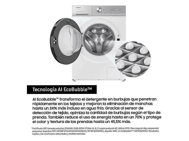 Lavadora carga frontal - Samsung WW90DB8U95GHU3, 9 kg, 1400 rpm, AI QuickDrive™, Clasificación Energética A, Blanco