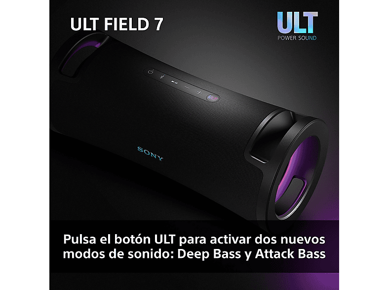 Altavoz inalámbrico - Sony ULT FIELD 7, SRSULT70B, Bluetooth, ULT POWER SOUND, Ultimate Deep Bass, Altavoz X-Balanced, Autonomía 30h, IP67, LED