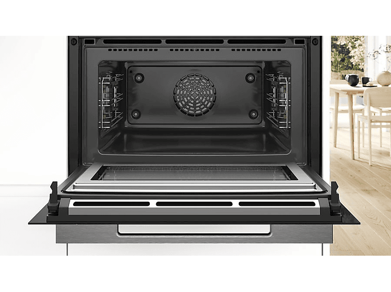 Horno compacto con microondas - Bosch CMG7761B1, Convencional, Limpieza Pirolítica y con agua, 45 l, Aire caliente 4D, Home Connect, 60 cm, Negro