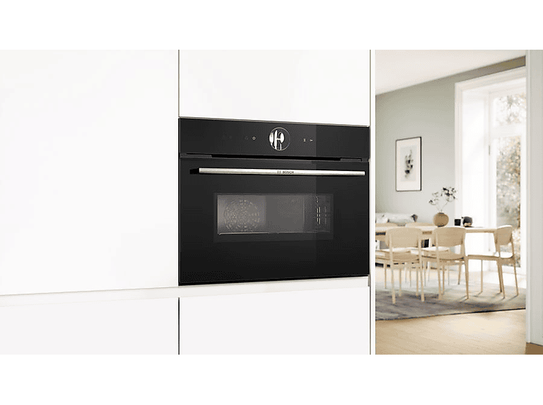 Horno compacto con microondas - Bosch CMG7761B1, Convencional, Limpieza Pirolítica y con agua, 45 l, Aire caliente 4D, Home Connect, 60 cm, Negro