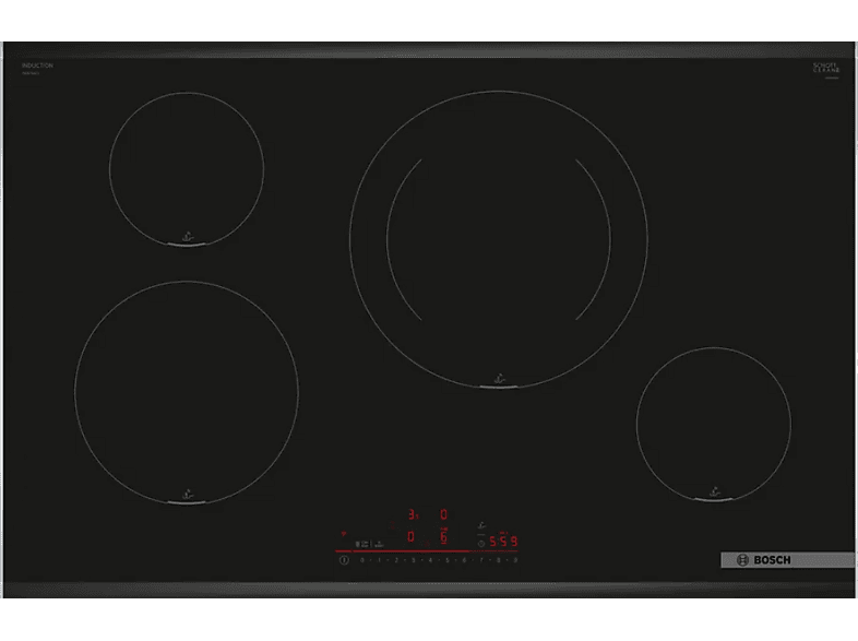 Placa inducción - Bosch PIE875HC1E, 4 zonas, 28 cm, Home Connect, Función Sprint, 80 cm, Negro