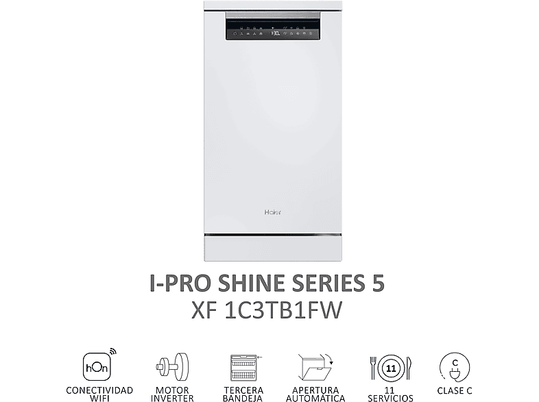Lavavajillas - Haier I-Pro Shine Series 5 XF1C3TB1FW, 11 servicios, 8 programas, 45 cm, Motor Inverter, Wi-Fi, Blanco