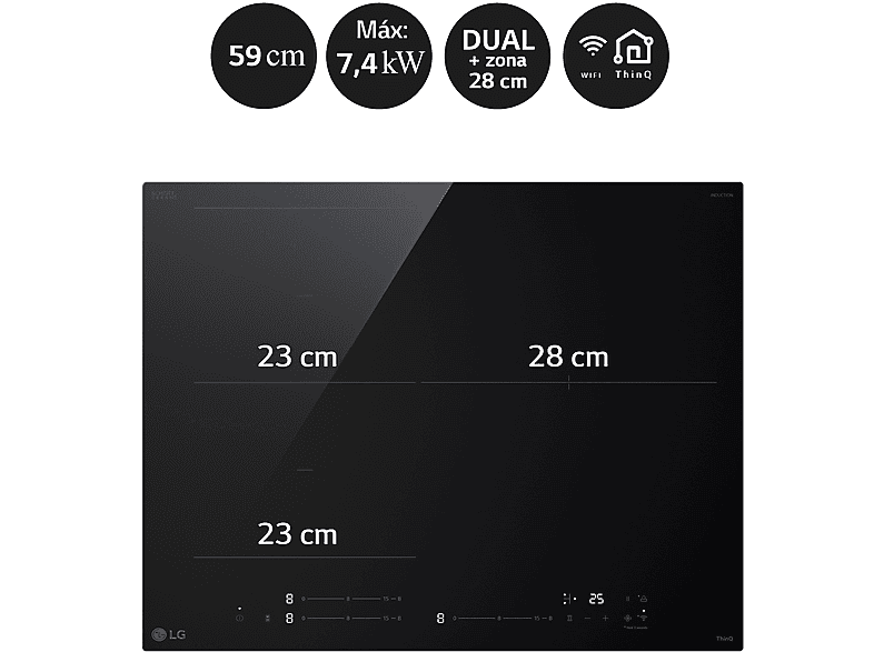 Placa inducción - LG CBIZ2432B, 3 Zonas, 1 Zona Flex, Ancho 59 cm, Cristal Negro