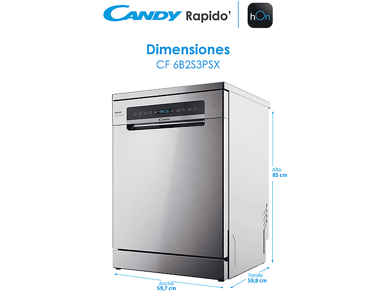 Lavavajillas - Candy Rapido' CF 6B2S3PSX, 16 servicios, 10 programas, 60 cm, Motor Inverter, Wi-Fi, Inox