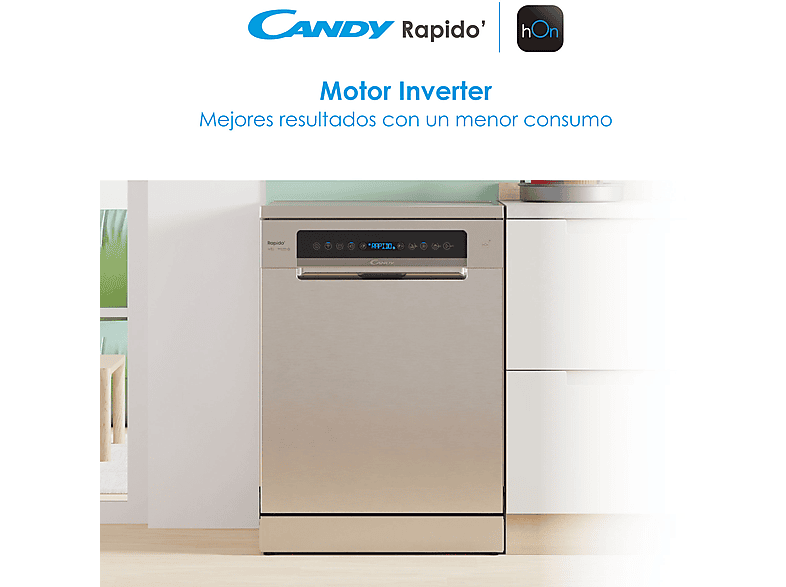 Lavavajillas - Candy Rapido' CF 6B2S3PSX, 16 servicios, 10 programas, 60 cm, Motor Inverter, Wi-Fi, Inox