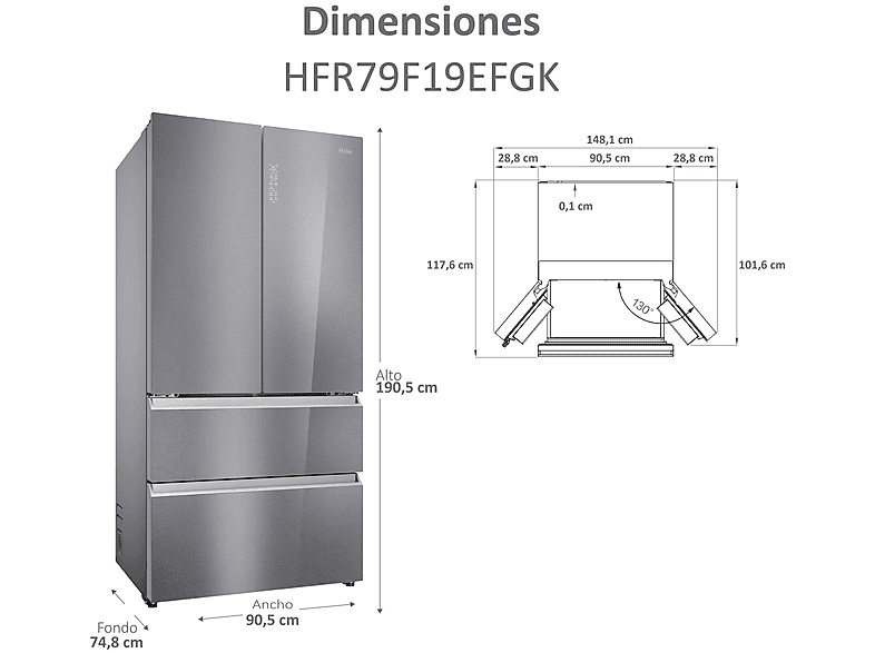 Frigorífico americano - Haier FD 90 Series 7 HFR79F19EFGK Cristal, No Frost, 190 cm, 703 l, Fabricador de hielo, My Zone, Cristal Zafiro
