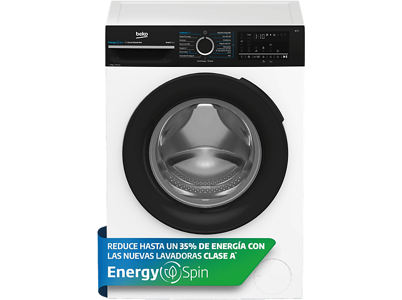 Lavadora carga frontal - Beko BM3WFU41041W, 10 kg, 1400 rpm, 15 Programas, Energy Spin, Steam Therapy, Motor ProSmart Inverter, Blanco