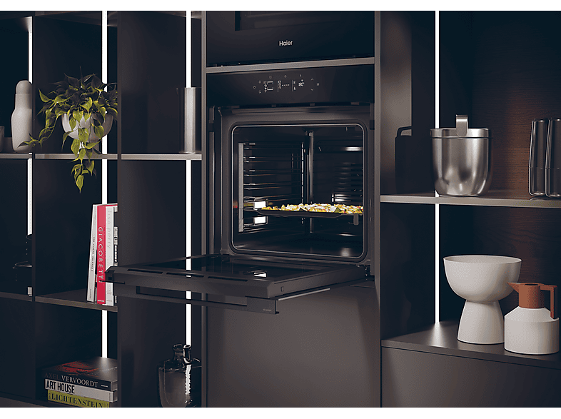 Horno - Haier ID Series 4 H6 ID46G3HTB, Multifunción, Limpieza por agua, 78 l, Guías telescópicas, 18 funciones, 60 cm, Negro