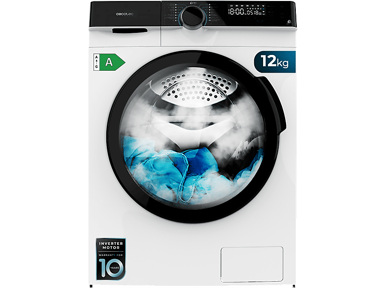 Lavadora carga frontal - Cecotec Bolero DressCode 121000 A, 12 kg, 1400 rpm, Motor Inverter Plus, Lavado con vapor, White