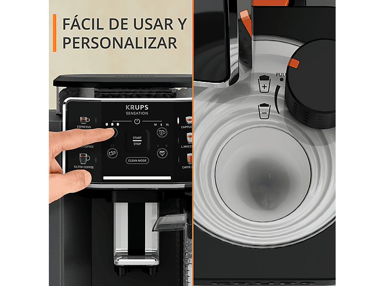 Cafetera superautomática - Krups Sensation Milk EA912B, 15 bar, 1450 W, 1.7 L, 6 modos, 2 tazas, Depósito de leche 0.3 L, Táctil, Gris