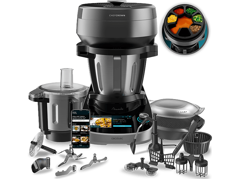 Robot de cocina - Cecotec Mambo CooKing Total Gourmet, 2200W, 4.5 l, 45 Funciones, 1000 recetas, Dispensador, Panel táctil, Autolimpieza, Wi-Fi, Inox