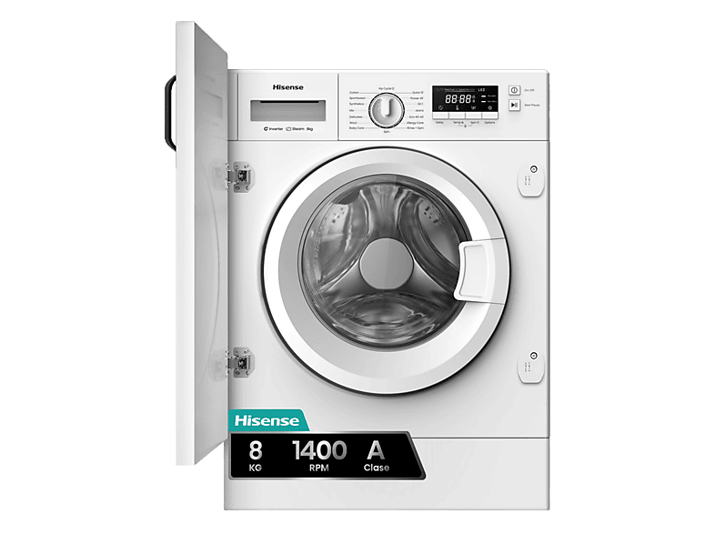 Lavadora integrable - Hisense WF3M841BWIES, 8 kg, 1400 rpm, 15 programas, Secado Allergy Care, Clase A, Sin Panelar