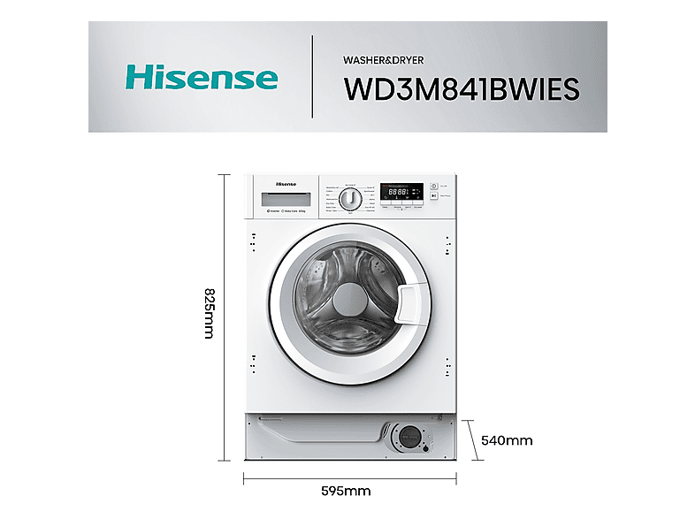 Lavadora secadora integrable - Hisense WD3M841BWIES, 8 kg /6 kg, 19 programas, Lavado Secado 1h, Inverter, Sin Panelar