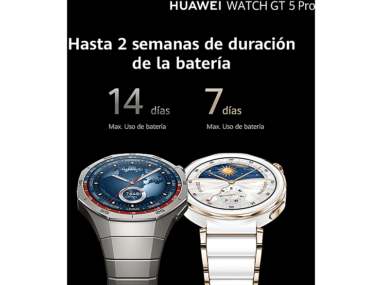 Smartwatch - Huawei Watch GT5 Pro 46mm, Llamadas BT, Respuesta con Teclado, 14 días batería, Compatible iOS/Android, Correa Fluoroelastómero Negro