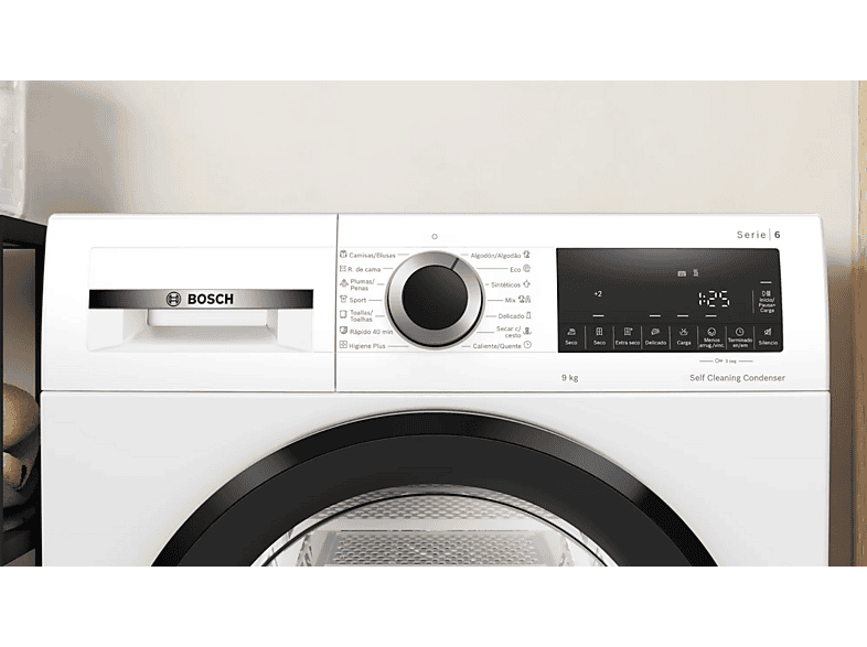 Secadora bomba de calor - Bosch WQG245D0ES, Serie 6, 9 kg, 15 programas, AutoDry, Condensador Autolimpiante, Blanco