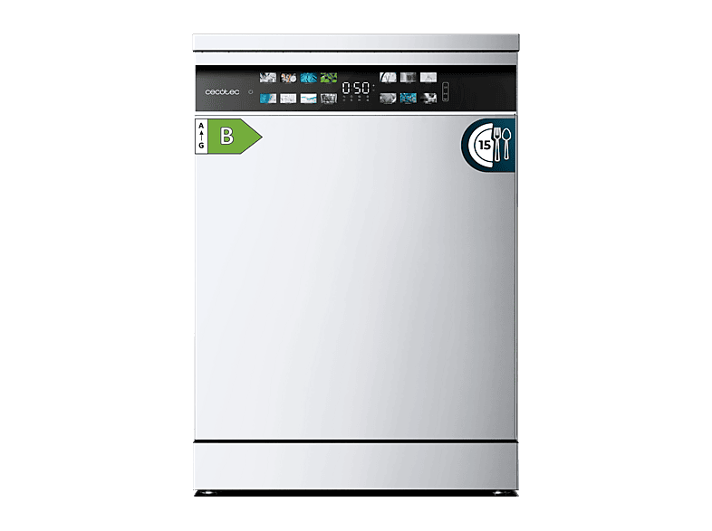 Lavavajillas - Cecotec Bolero Aguazero 6700 B, 15 cubiertos, 14 programas, Motor Inverter Plus, Clase B, Pantalla FullColor XXL, 60 cm, White