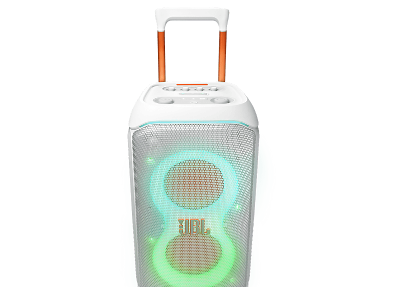 Altavoz de gran potencia - JBL PartyBox Stage 320, Portátil para fiestas, Asa telescópica y ruedas, BT, Resistente salpicaduras, Aut 18h, 240W, Blanco