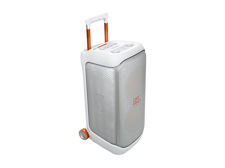 Altavoz de gran potencia - JBL PartyBox Stage 320, Portátil para fiestas, Asa telescópica y ruedas, BT, Resistente salpicaduras, Aut 18h, 240W, Blanco