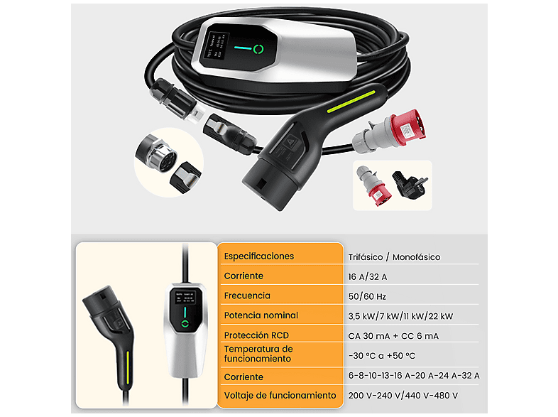 Cargadores vehículos eléctricos - Junsun 6M 22KW Tipo 2 6A-32A, IP67, plateado
