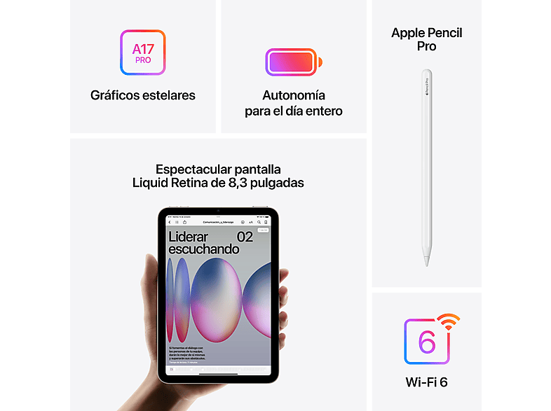 Tablet - Apple iPad mini (2024), 512 GB, Gris espacial, WiFi, 8.3", Chip A17 Pro, iPadOS