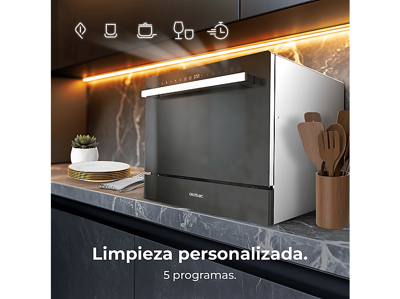 Lavavajillas compacto - Cecotec Bolero Aguazero 2400 Black Glass D, 6 servicios, 5 programas, 55 cm, Negro