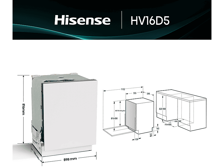 Lavavajillas integrable - Hisense HV16D5, 16 servicios, 6 programas, 59.8 cm, Cestas flexibles, Tres programas, Sin Panelar