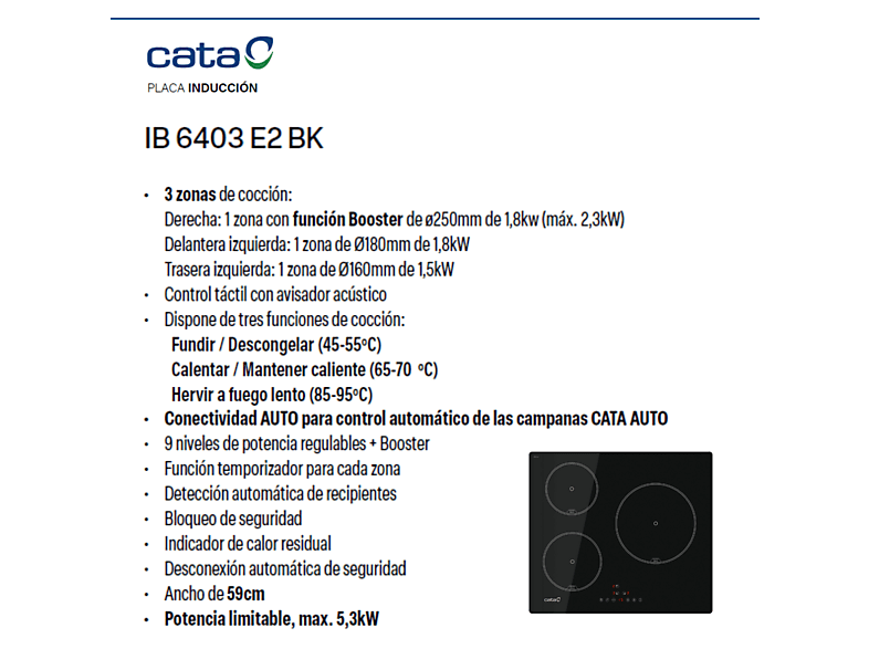 Placa de inducción - Cata IB 6403 E2 BK, 3 zone(s) zonas, 59 cm, Negro
