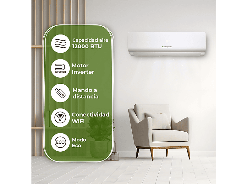 Aire acondicionado Split 1x1 - Aspes AAAS1200W, 12000 fg/h, Función Inverter, Blanco