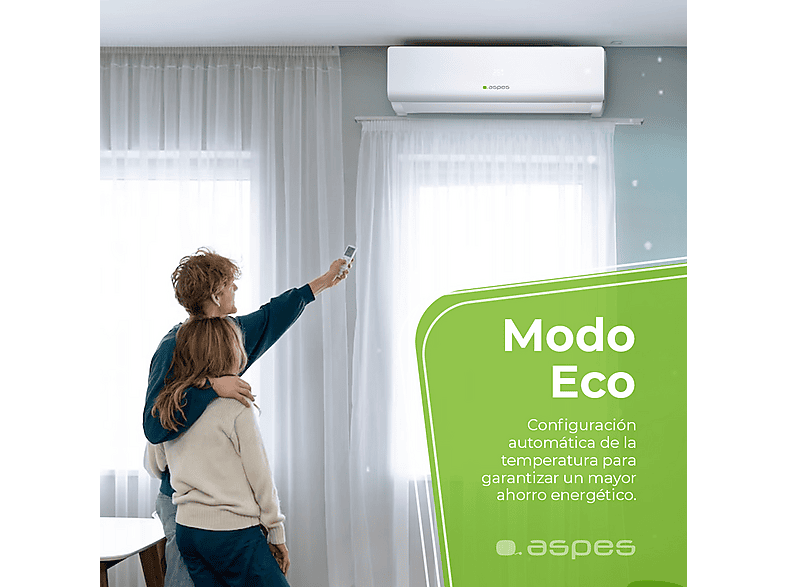 Aire acondicionado Split 1x1 - Aspes AAAS1200W, 12000 fg/h, Función Inverter, Blanco