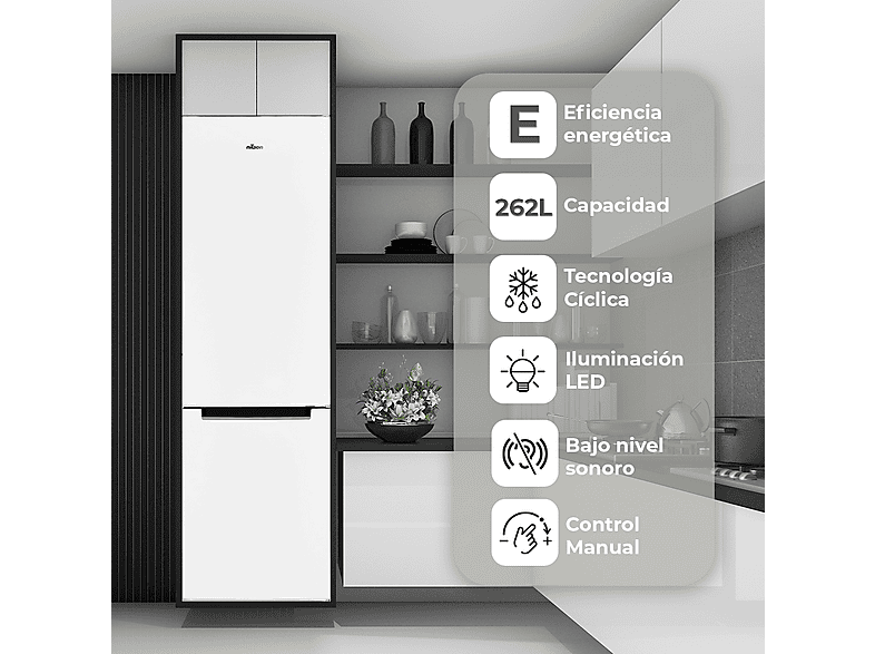 Frigorífico combinado - Nilson NC185500E, Altura 180 cm, Capacidad 262 l, Blanco