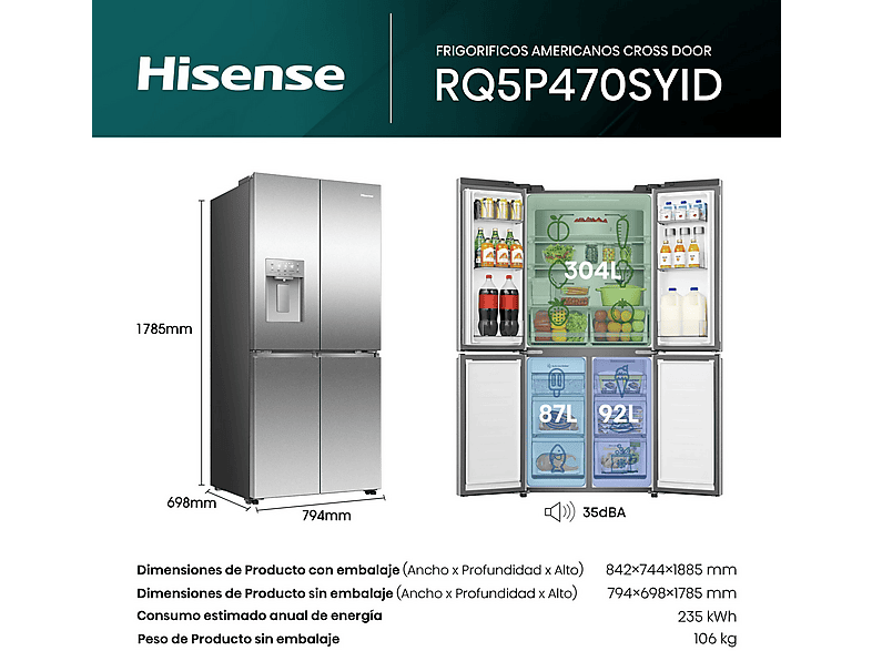 Frigorífico americano - Hisense RQ5P470SYID, Total No Frost, 178.5 cm, 483 l, Wi-Fi, Inverter, Inox