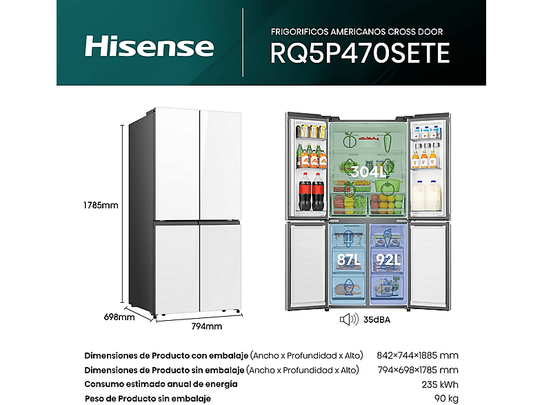 Frigorífico americano - Hisense RQ5P470SETE, Total No Frost, 178.5 cm, 483 l, WiFi, Inverter, Cristal Blanco