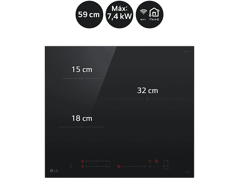 Placa inducción - LG CI5Z2421BN, 3 zonas, Zona grande de 32 cm, Stop&Go, ThinQ™, Negro