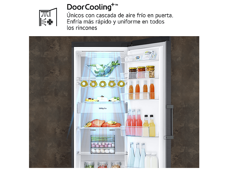 Frigorífico una puerta - LG GLM71MCCSX, No Frost, 186 cm, 386 l, DoorCooling+™, ThinQ™, Acero negro mate antihuellas