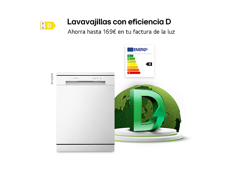 Lavavajillas - LG DF142FW, 14 servicios, 5 programas, 60 cm, QuadWash™, EasyRack™, Blanco