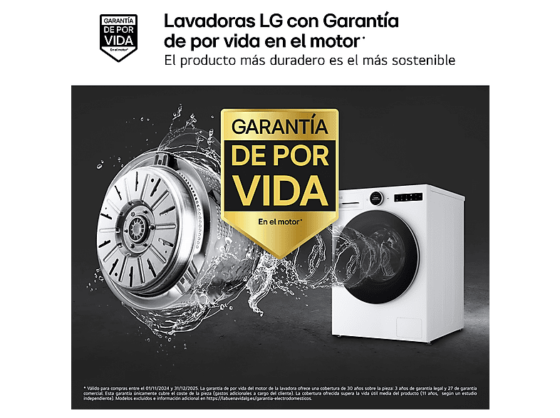 Lavadora carga frontal - LG F4X7511TWS, 11 kg, 1400 rpm, 23 programas, Autodosificación, Selector LCD, Clase A-30%, Blanco