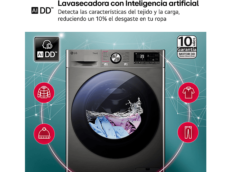 Lavadora secadora - LG F4DR7009AGS, Serie 700, 9 kg/6 kg, 1400 rpm, 14 programas, Inox antihuellas