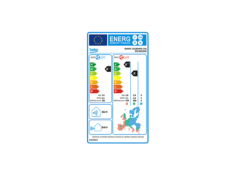 Aire acondicionado Split 1 x 1 - Beko AA SPLIT BEHPG 125/ BEHPG 126, 11935 fg/h