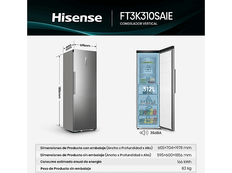 Congelador vertical - Hisense FT3K310SAIE, 312 l, 185.6 cm, Kitchen Fit, Wi Fi, Inox