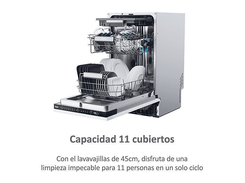 Lavavajillas integrable - Haier XI1C3TB2FB I-Pro Shine Series 4, 11 Servicios, 8 Programas, 44.8 cm, Tercera bandeja, Sin Panelar