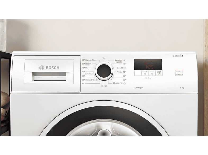 Lavadora carga frontal - Bosch WGE03200ES,Serie 2, 8 kg, 1.200 rpm, 13 programas, Higiene Plus, Motor EcoSilence, Blanco