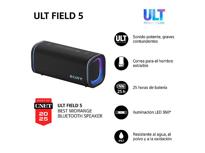 Altavoz inalámbrico - Sony ULT FIELD 5 (SRSULT50B), Bluetooth portátil, ULT POWER SOUND, 25 h, IP67, Resistente al agua, Correa, Con luces, Negro