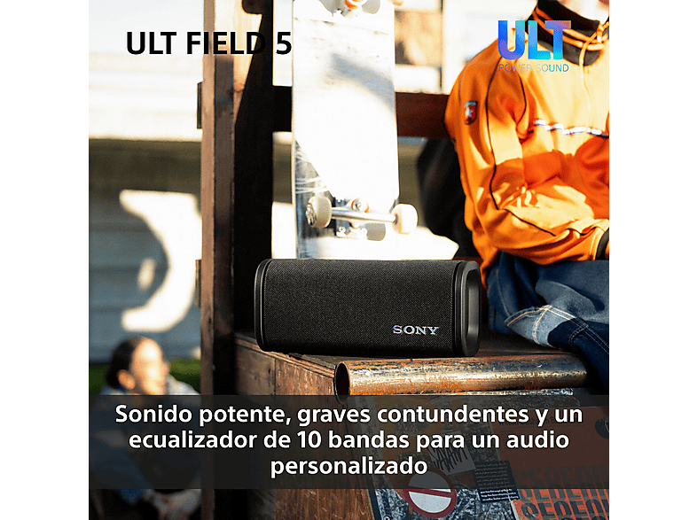 Altavoz inalámbrico - Sony ULT FIELD 5 (SRSULT50B), Bluetooth portátil, ULT POWER SOUND, 25 h, IP67, Resistente al agua, Correa, Con luces, Negro