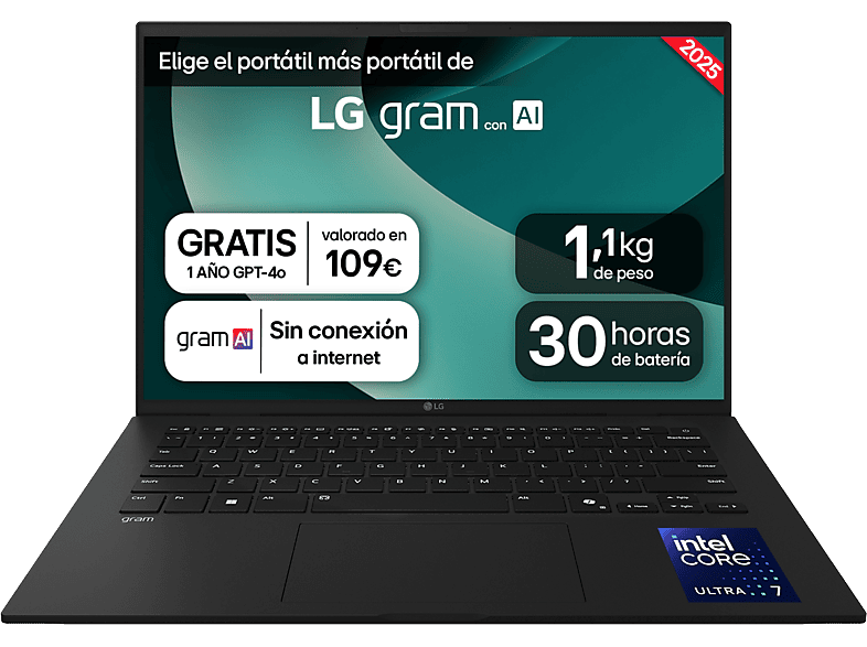 Portátil - LG 14Z90T-G.AD8BB, 14" WUXGA, Intel® Core™ Ultra 7-255H, 32 GB RAM, 2 TB SSD, Arc™ GPU, W11H, Negro